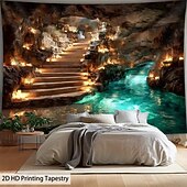 preiswerte Wandteppiche-Extra großer Wandteppich zum Thema Höhlenerkundung mit HD-Untergrund-Stalaktitendecke und türkisfarbener Flusslandschaft als Wandkunst, knitterfreies Polyester-Hängedekor für Wohnzimmer, Schlafzimmer,