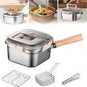 economico Utensili da cucina-Padella quadrata in acciaio inox da 4 pezzi con cestello, friggitrice compatta quadrata multiuso con manico staccabile &amp;design di scarico facile adatto a contenitori per la conservazione della