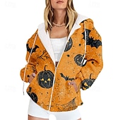baratos Loja Gráfica Moletons &amp; Capuzes-Mulheres Jaqueta casual Casaco com capuz Manter Quente Confortável Zíper Bolsos Imprimir Moda Flor Ao ar livre Para Noite Zíper Padrão Com Capuz Normal Manga Longa agasalhos Preto Roxo Laranja Outono