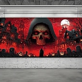preiswerte Halloween Garagentorabdeckung-Halloween Garagentorabdeckung Sensenmann Totenkopf Banner Spukhaus Friedhof Szene Horror gruselige Kulisse Wandteppich für Außenwand Zaun Dekoration