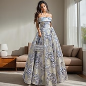 voordelige Lange Jurken en Gowns-Jacquard Brocade A-Lijn Prom Jurken Elegante Jurk Bruiloft Gast Avondfeest Vloerlengte Off Shoulder Mouw met Bloemenprint Bruiloft Gast Jurk