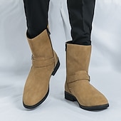cheap Ankle Boots-Men&#039;s Khaki Faux Suede Mid-Calf Boots with Side Buckle Straps, Retro Cowboy Style Boots for Casual Outfits and Party Occasions
