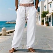 baratos Feriado-Homens Calças de linho Calças Calça verão Calças largas Calça Boho Com Cordão Patchwork Cintura elástica Tecido Conforto Respirável Comprimento total Ao ar livre Casual Diário Moda Estilo Clássico