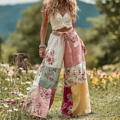 billiga breda ben och hög midja-Dam Brett skaft Byxor Palazzo byxor Mode Boho Fullängd Hög midja Färgblock Blomma Snörning Elastisk midja Mönster Mateial som andas Bekväm Gata Dagliga kläder Utekväll Rosa Vår Höst Normal