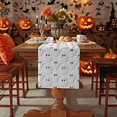 levne Běhouny na stůl-Halloweenský běhoun na stůl, vlaječka na stůl s 3D výšivkou duchů - dekorace z umělé kožešiny s černým okem a malým ďáblem, černobílý sváteční ubrus na dekoraci na párty a stolování