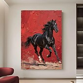 お買い得  動物画-オリジナルの赤黒の質感のある馬の油絵、キャンバスに描かれた野生の種馬の壁アート、馬のパレットナイフのアートワーク、モダンで大胆な乗馬の装飾