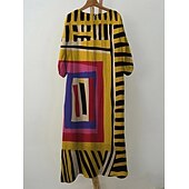 economico Abiti a Strisce e Geometrici-Abito maxi da donna in lino come traspirante leggero kaftano a maniche 3/4 scollo tondo casual abito a trapezio abito boho grafica geometrica giallo rosso marrone chiaro marrone