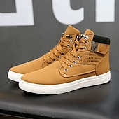 cheap Men&#039;s Sneakers-Men&#039;s Tan Faux Leather High-Top Sneakers with Lace-Up Design, Stylish Casual Shoes for Walking, Work and Weekend Outfits
