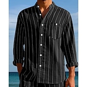 economico Camicie di lino-Per uomo Camicia Camicia di lino Camicia casual Camicia con Bottoni Camicia di cotone A righe Vacanza Camicia hawaiana Nero Bianco Blu reale Cachi Manica Lunga Colletto alla coreana Primavera Autunno