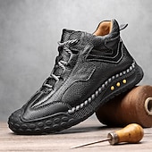 baratos Botas de cano curto-Tênis casual masculino de cano alto em couro sintético marrom com sola de borracha antiderrapante – calçado esportivo confortável com cadarço para caminhadas ao ar livre, viagens e uso diário