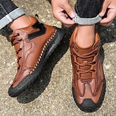 baratos Botas de cano curto-Tênis casual masculino de cano alto em couro sintético marrom com sola de borracha antiderrapante – calçado esportivo confortável com cadarço para caminhadas ao ar livre, viagens e uso diário