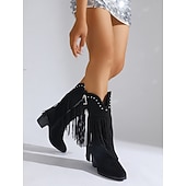 abordables Cowboy et bottes occidentales-Bottes western noires à franges pour femmes – bottes de cow-girl mi-mollet avec boucle cloutée et talon bloc pour rodéo, concerts country et tenues d&#039;automne