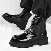 abordables Botas de combate-Botas con cordones para hombre de piel negra brillante con suela gruesa: imprescindibles para motociclistas, entusiastas del rock, estilo urbano informal y moda actual.