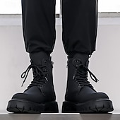 Svarte herrestøvler med snøring og glidelås på siden til kamp, slitesterkt kunstskinn, militærinspirert stil for utendørs-, arbeids- og streetwear-mote billige Arbeidsstøvler-Svarte herrestøvler med snøring og glidelås på siden til kamp, slitesterkt kunstskinn, militærinspirert stil for utendørs-, arbeids- og streetwear-mote