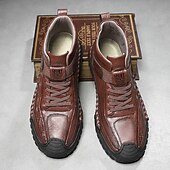 baratos Botas de cano curto-Botas masculinas de couro sintético genuíno marrom para caminhadas ao ar livre com sola antiderrapante – calçado casual para viagem e aventura