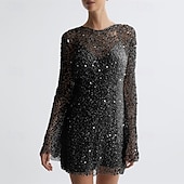 olcso Flitteres ruhák-Női Mini ruha Flitteres ruha hétköznapi ruha Koktélruha ruhakészlet Divat Modern Napi Tengerpart Hétvége Normál Sima Hosszú ujj Terített nyak Fekete Fehér Sötétzöld Sárgabarack Nyár Tavasz