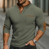 billiga Casual Henley T-shirt-Herr Våffeltröja Waffle Henley Shirt Långärmad Hög krage Vår &amp; Höst Alla årstider Ensfärgat Mode Grundläggande Ledigt Fickor falska två stycken Gata Ledigt Sport Svart Marinblå Armégrön Topp t-shirt