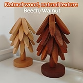 abordables Décoration de Table et de Salle à Manger-ensemble de dessous de plat en bois naturel, 3/4/5 dessous de plat en bois &amp;1 support comme un sapin de Noël, dessous de plat de cuisine pliable naturel pour casseroles, poêles, bols &amp;théières