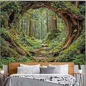 ieftine Tapisseria pădurii-tapiserie verde frumoasă, pădure, ramură de copac, cerc, gaură, peisaj, agățat, artă de perete, tapiserie mare, decor mural, fotografie, fundal, pătură, perdea, dormitor, living, decorare, casă