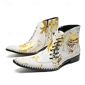 economico Stivali in pelle di alta qualità-stivali western da uomo con motivo floreale bianco e design allacciato: calzature di tendenza per uomini alla moda, perfette per feste e spettacoli