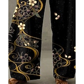 preiswerte Grafikhosen-Damen Weites Bein Hosen Hose Urlaub Vintage Ethno-Stil Volle Länge Hohe Taille Blumen Tasche Elastischer Bund Druck Bequem Atmungsaktivität Unelastisch Lässig Täglich Urlaub Schwarz Sommer Frühling
