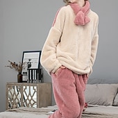 billiga Loungewear till damer-Dam Pyjamas Vardagsklädsel Ledigt Lappverk Ren färg Lappverk Semester Hem Säng Långärmad Rund hals Blå Beige Höst Vinter Skräddarsydd passform