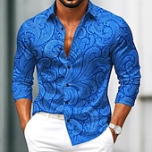 cheap Men&#039;s Satin Shirt-Men&#039;s Paisley Floral Print Ethnic Shirt Satin Shirt Dress Shirt Long Sleeve Vintage Retro Vacation Dailywear Summer Spring Fall Turndown 3D Print Button Up Shirts Blue Orange Green