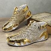 Недорогие Мужские ботинки-Мужские высокие кроссовки золотисто-белого цвета с блестящей отделкой — стильные и смелые, идеально подходят для вечеринок, модных вечеров и модных образов