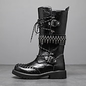 cheap Biker Boots-Men's Punk Gothic Combat Boots – Black Lace-Up Mid-Calf Boots with Buckle Straps, Spiked Studs, and Heavy Duty Sole for Halloween, Cosplay and Nightlife Parties