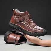 baratos Botas de cano curto-Botas masculinas de couro sintético genuíno marrom para caminhadas ao ar livre com sola antiderrapante – calçado casual para viagem e aventura