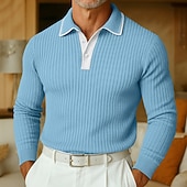 preiswerte Herren Klassisches Polo-Herren Polo Rippenstrick-Top Urlaub Arbeit Umlegekragen Langarm Mode Modern Einfarbig Patchwork Frühling Herbst Frühling &amp; Herbst Normale Passform Blau Gelb Grau Marineblau Polo