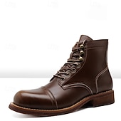 abordables Bottes de travail-Bottines à lacets en similicuir marron pour homme avec surpiqûres rétro – bottines de travail décontractées pour l&#039;extérieur, idéales au quotidien