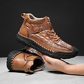 baratos Botas de cano curto-Botas masculinas de couro sintético genuíno marrom para caminhadas ao ar livre com sola antiderrapante – calçado casual para viagem e aventura