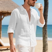 preiswerte Baumwoll-Leinenhemd-Herren Hemd Leinenhemd Freizeithemd Knopfhemd Baumwollhemd Einfach Urlaub Hawaiianisch Schwarz Weiß Gelb Marineblau Langarm Revers Frühling Herbst Bekleidung