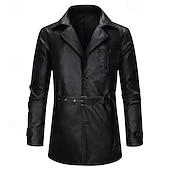 billiga Trenchcoat för män-Herr Rock Trenchcoat Lång trenchcoat Semester Dagligen Vår Höst PU Läder Vindtät Ytterkläder Kläder Mode Klassisk Slät Ficka Kavajslag Enkelknäppt