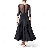 economico Sala da Ballo Standard-abito da ballo da sala nero da donna con maniche in rete trasparente e scollo a V, gonna svasata, elegante abito da spettacolo per eventi di ballo latino, tango e sala da ballo