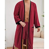 billiga Pyjamas-Herr Pyjamas Sovkläder Badrock Slät Mode Stylish Klassisk Hem Dagligen Säng Polyester Komfort Mjuk V-hals Långärmad Ficka Inkl. bälte Vår Höst Svart Vit