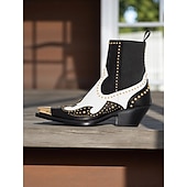 ゴールドのスタッズとメタルトゥが付いたレディースのブラックレザーウエスタンアンクルブーツ - ファッションストリートウェアやパーティーに最適なカウボーイスタイルのチャンキーヒールブーツ お買い得  チェルシーブーツ-ゴールドのスタッズとメタルトゥが付いたレディースのブラックレザーウエスタンアンクルブーツ - ファッションストリートウェアやパーティーに最適なカウボーイスタイルのチャンキーヒールブーツ