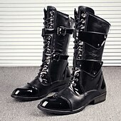 abordables Chaussures pour Hommes-Bottes noires punk rock montantes pour homme – cuir verni brillant avec brides à boucles multiples et lacets sur le devant pour tenues gothiques, motardes, de concert et d&#039;Halloween
