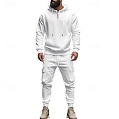 abordables Survêtements de base-Homme Ensemble Survetement Ensemble de tenues Ensemble de sweats à capuche Sweat à Capuche Extérieur Quotidien Sports Cordon de serrage Avec Poches Uni Rouge vin Noir Blanche Polyester Tenues de Sport