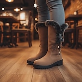 Недорогие Снежные и зимние ботинки-Жен. Ботинки Зимние сапоги Замшевые туфли Повседневные Однотонный На флисе Сапоги до середины икры Шнуровка На толстом каблуке Круглый носок Минимализм Нубук Искусственная замша Шнуровка