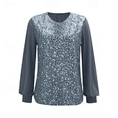 abordables Hauts habillés-Femmes T-shirt Couleur Unie ancien Mode Élégant manche longue Col ras du cou Col rond Hauts Réguliers Quotidien Week-end Paillettes Patchwork Gris Printemps Automne