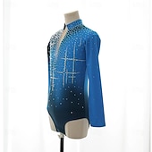 cheap Boys&amp;Men Figure Skating Costumes-Figure Skating Top Men's Boys' Ice Skating Tops Blue Patchwork Spandex High Elasticity Training Competition Skating Wear Classic Crystal / Rhinestone Long Sleeve Ice Skating Figure Skating