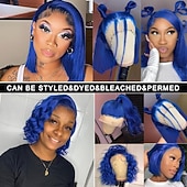 economico Parrucche lace front capelli veri-parrucca corta in pizzo bobo blu# con capelli umani 13*4, capelli umani lisci, densità 150% per donne nere