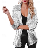 ieftine Blazere și costume-Pentru femei Jachetă cămașă Blazer Comfortabil Respirabil Sequin Modă Zilnic Simplu În aer liber Casual Zilnic Regulat Rever Fit regulat Manșon Lung Îmbrăcăminte exterioară Argintiu Negru Roșu Vin