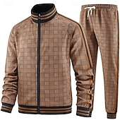 billiga Herrars 3D-tröjset-Herr Rutig Geometrisk 2st 3D-tröja set Träningsoverall Zip Up sweatshirts Långärmad Långa byxor Hög krage Ledigt vardag Utomhus Semester Sport Dragkedja 3D-utskrift Vår Höst Mörkbrun Brun Aprikos