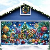 Christmas Garage Door Cover 2025 Xmas Ornaments Baubles and Snowflakes Merry Christmas Banner, Holiday Outdoor Garage Backdrop for Yard Party Decoration4
