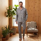 お買い得  パジャマ-男性用 ネグリジェ パジャマセット パジャマトップとパンツ 1セット 縞 ファッション スタイリッシュ クラシック 家 日常 ベッドサイド ポリエステル 履き心地よい ソフト 高通気性 ラペル 長袖 シャツ パンツ 弾性ウエスト ボタン 春 秋 ブルー グレー
