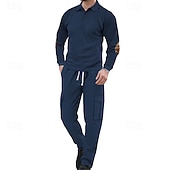 economico Tute basic-Per uomo Maglia Tuta da Ginnastica Set di abiti Bavero All'aperto Quotidiano Sportivo Coulisse Cardigan con Bottoni Tasca Blocco di colori Nero Blu marino Cachi Poliestere Abbigliamento sportivo Moda