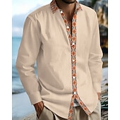 preiswerte Herrenhemd zum Knöpfen-Herren Hemd Sommerhemd Freizeithemd Strandhemd Knopfhemd Schwarz Weiß Marineblau Kaki Leicht Blau Langarm Argyle Revers Urlaub Hawaiianisch Patchwork Bekleidung Leinen Mode Lässig Bequem